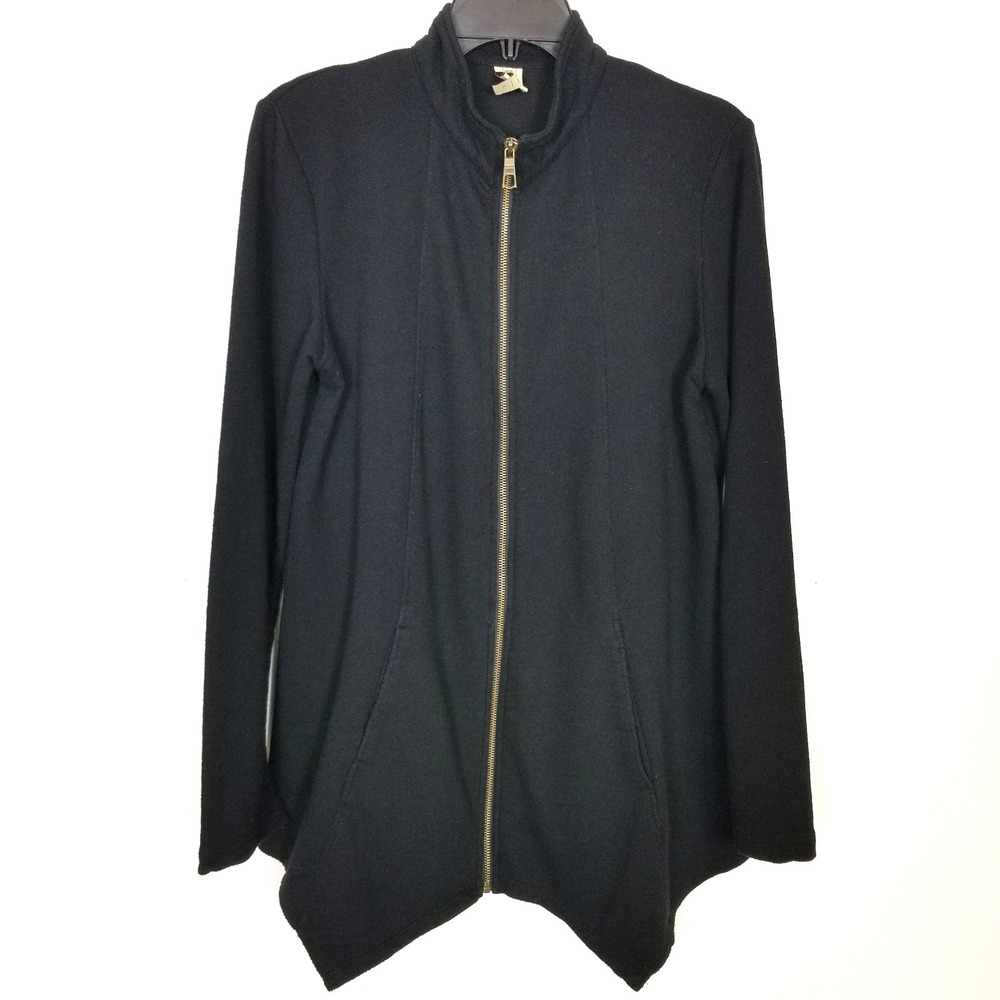 XCVI Women Handkerchief Hem Zip Up Jacket Sz L Black‎ Lagenlook Lightweight